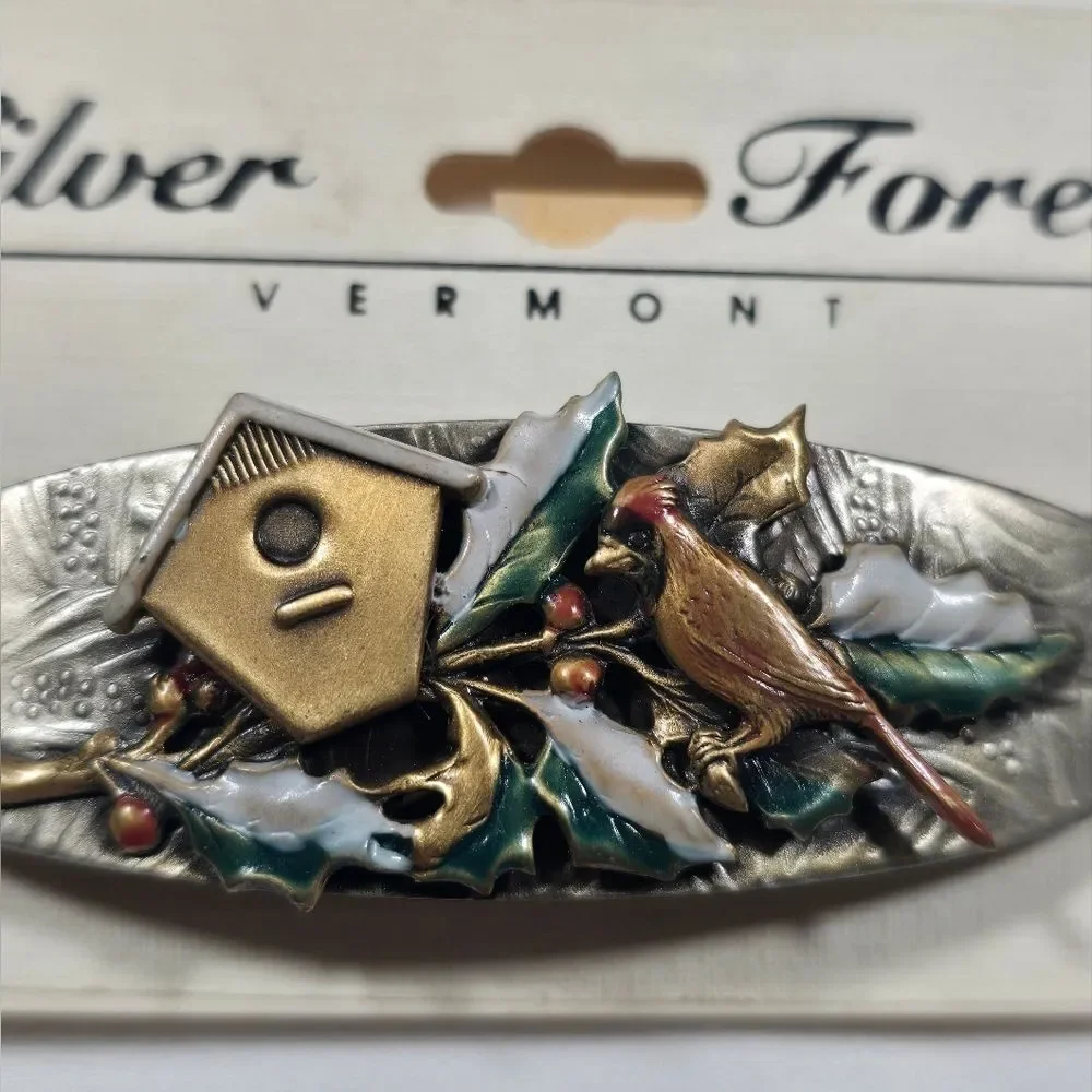 Vintage Silver Forest Cardinal Holly Leaf Hair Clip made in USA